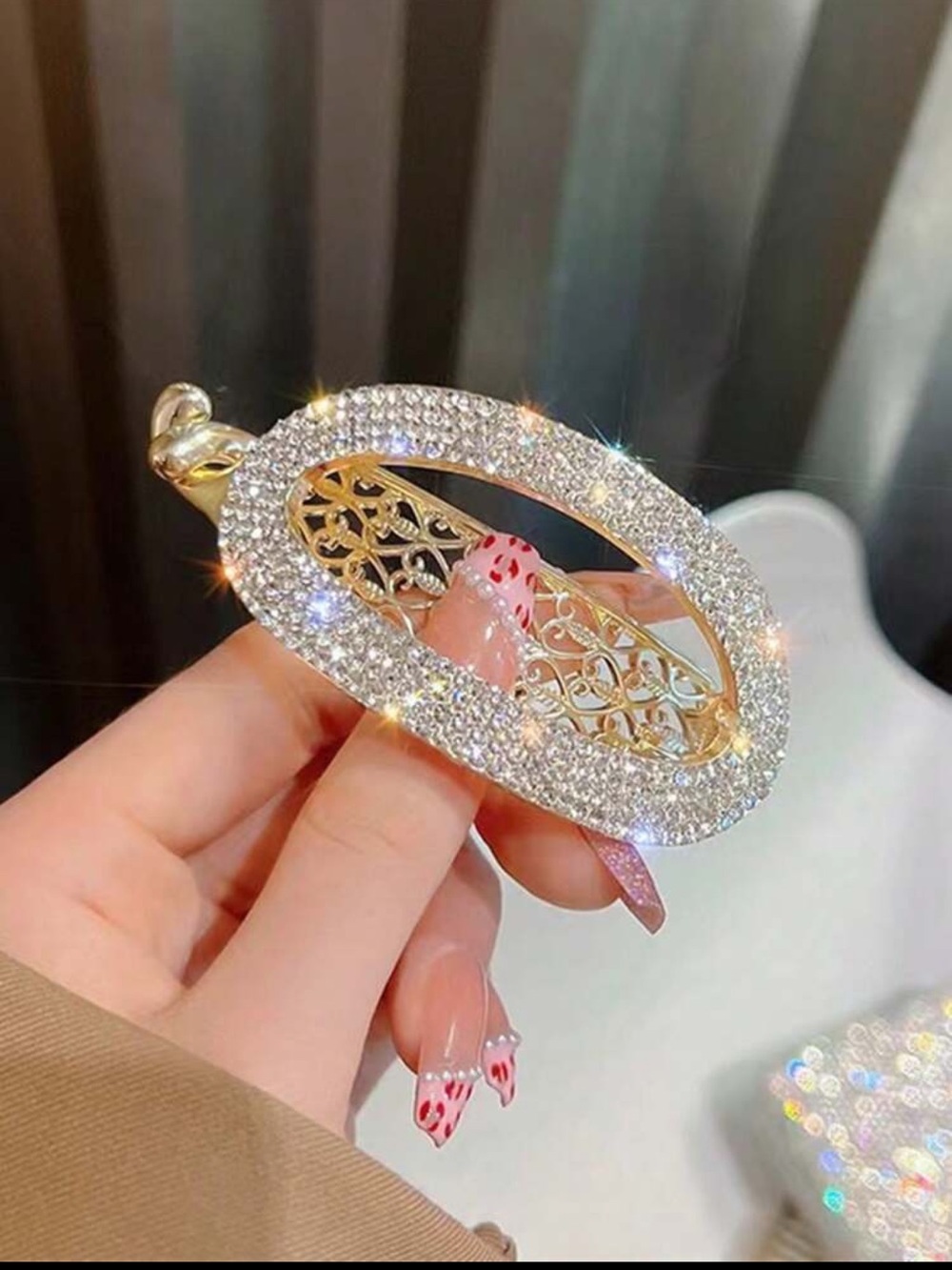 Gold and Crystal Oval Filigree Hair Clip